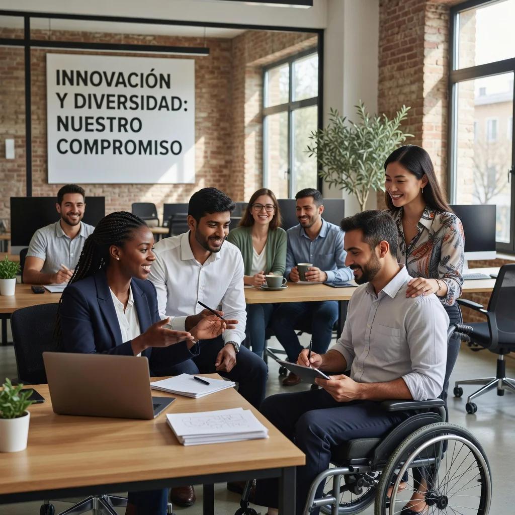 A photorealistic image depicting a diverse group of adult professionals in a modern Spanish office setting, collaborating happily on a project, symbolizing successful DEI policies in Spanish organizations. The scene includes people of different ethnicities, genders, and ages (all adults over 18), with warm lighting and elements of Spanish culture like subtle flags or architecture in the background.
