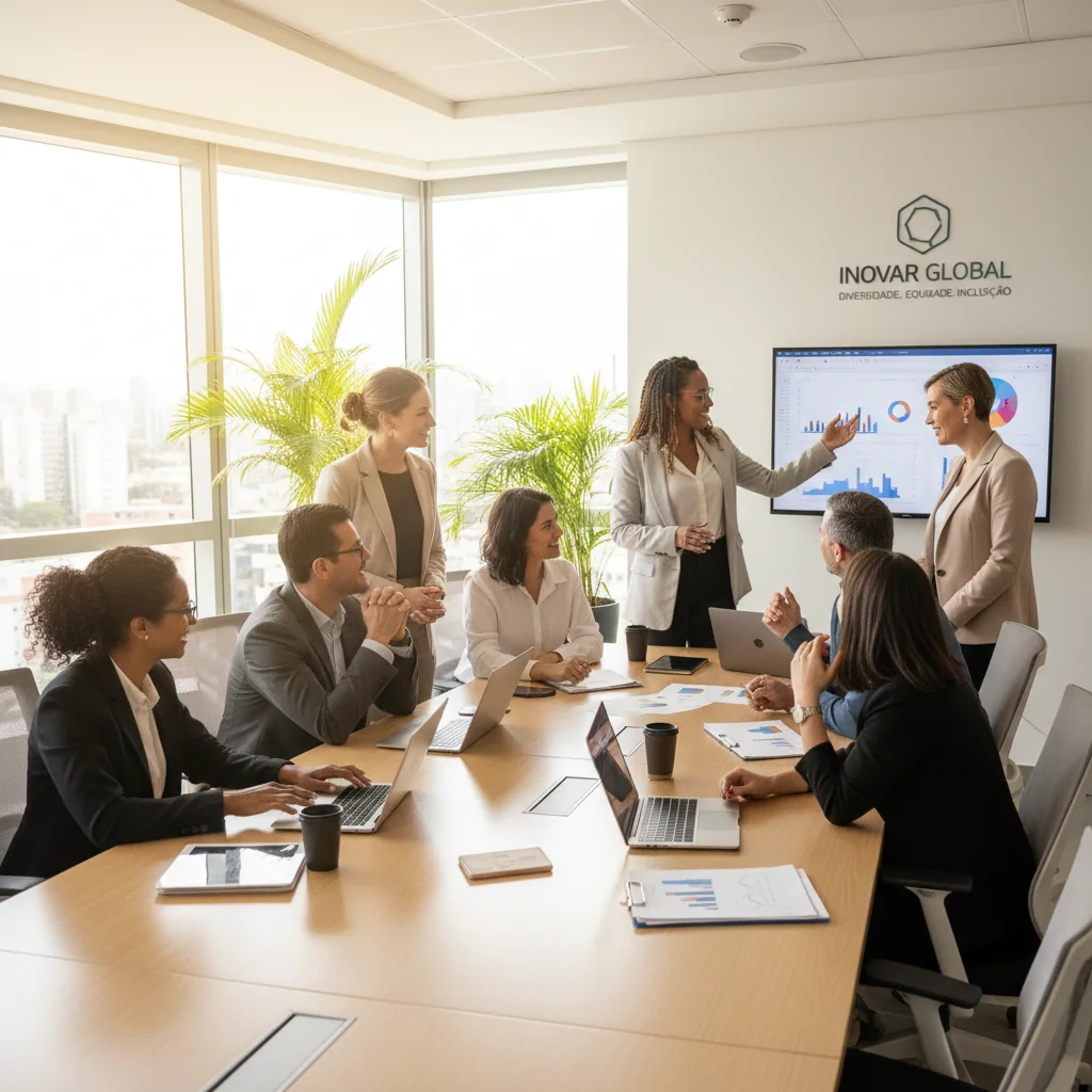 A photorealistic image depicting a diverse group of adult professionals from various ethnic backgrounds in a modern Brazilian office setting, collaborating on a project around a table, symbolizing effective DEI policies in the workplace.