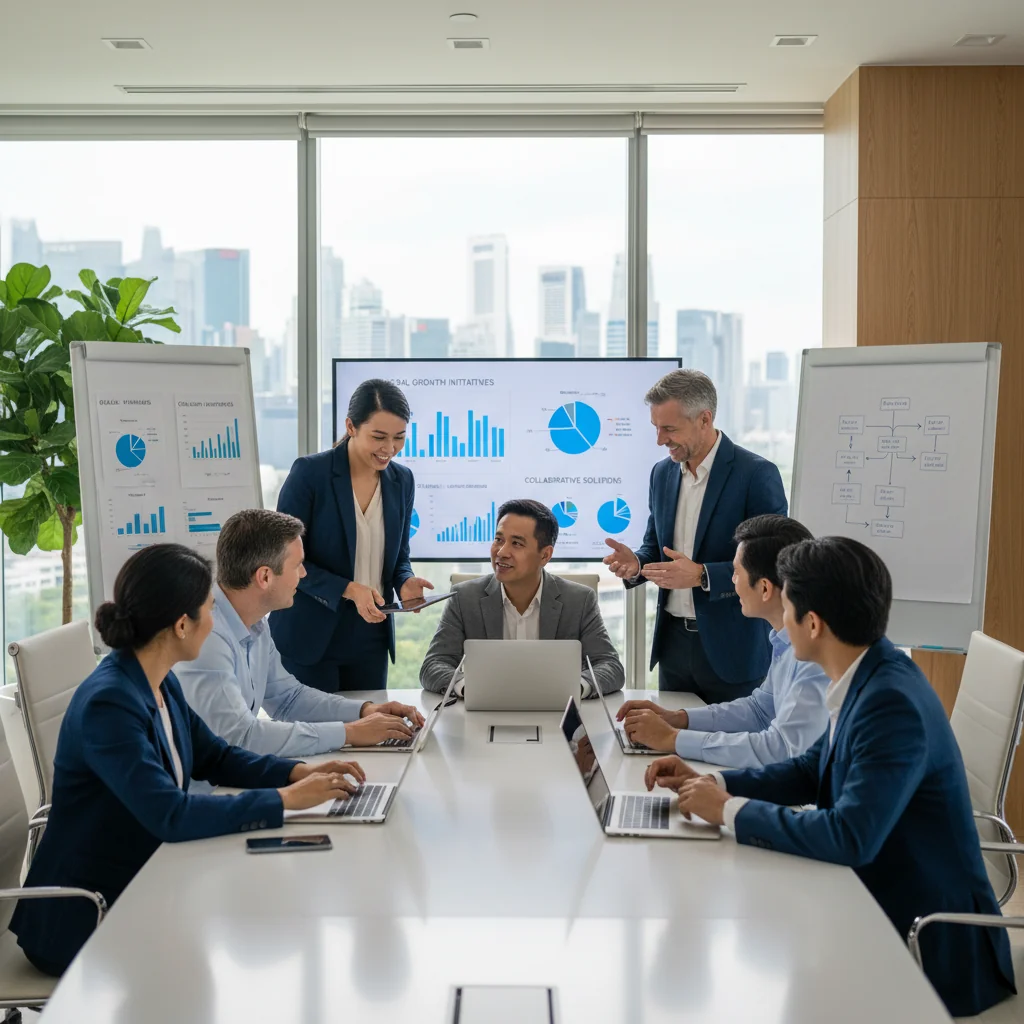 A photorealistic image of a diverse group of professional adults from various ethnic backgrounds collaborating in a modern Singapore office, symbolizing effective DEI strategies in businesses. The scene includes people of different races, genders, and ages (all adults over 18), engaging in a team meeting with smiles and positive interactions, overlooking a window with a view of Singapore's skyline. No children are present. The image is entirely photorealistic, with no graphics, drawings, or illustrations.