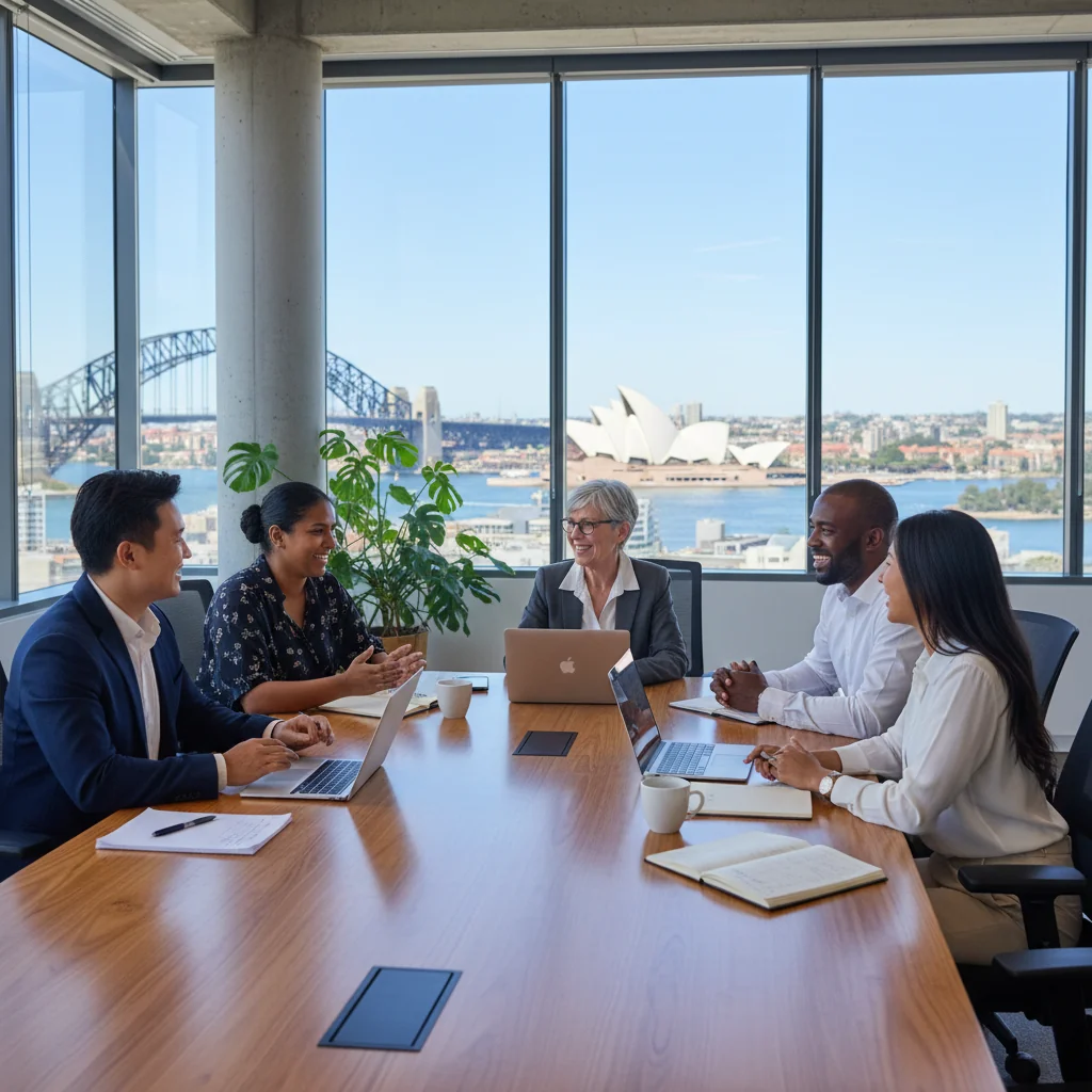A photorealistic image of a diverse group of adult professionals in a modern Australian workplace, representing inclusion and collaboration. The group includes people of different ethnic backgrounds, genders, and ages (all adults over 18), smiling and working together around a conference table with natural light from windows showing Sydney skyline elements.