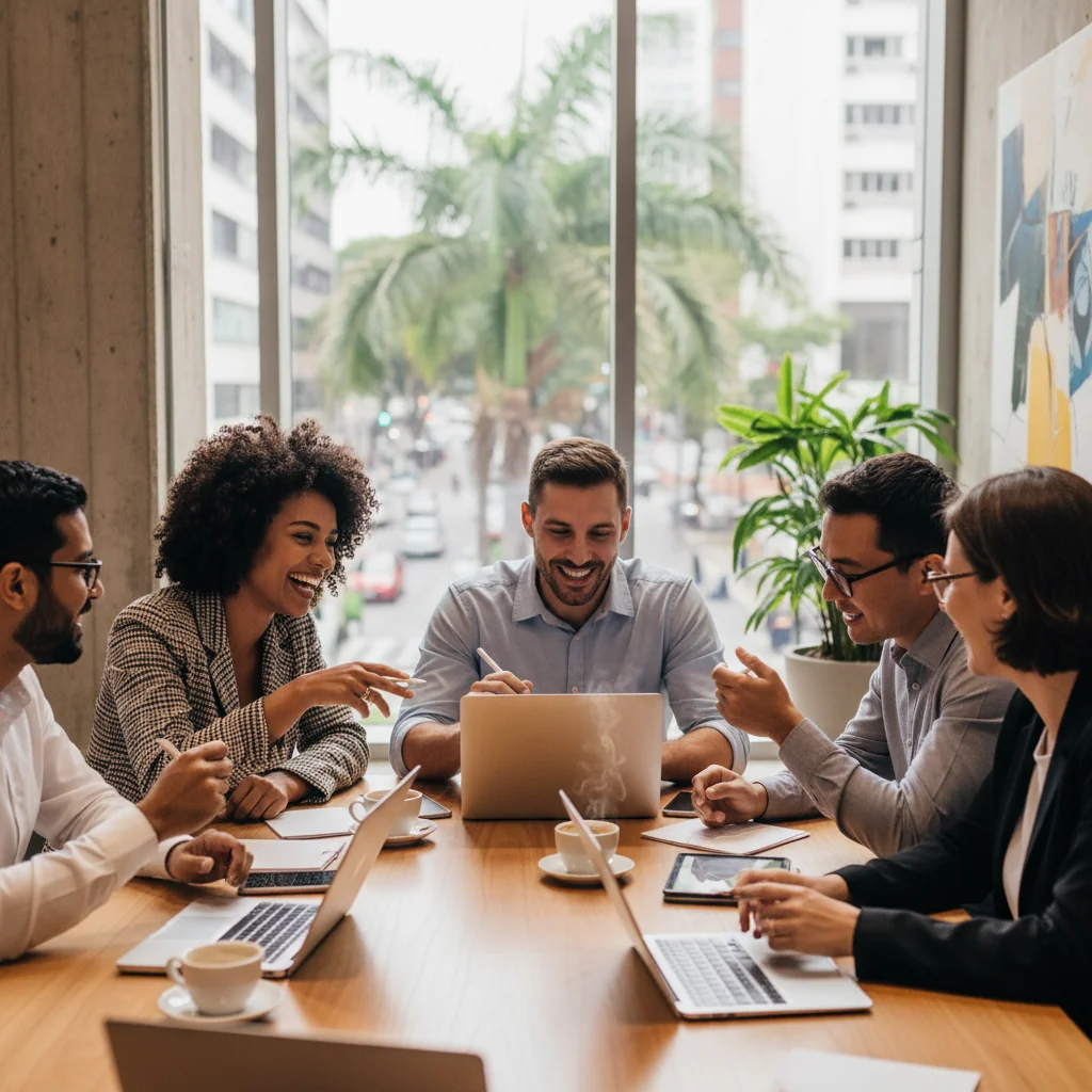 A photorealistic image depicting a diverse group of adult professionals from various ethnic backgrounds in a modern Brazilian office setting, collaborating happily on a project, symbolizing diversity, equity, and inclusion in Brazilian companies.