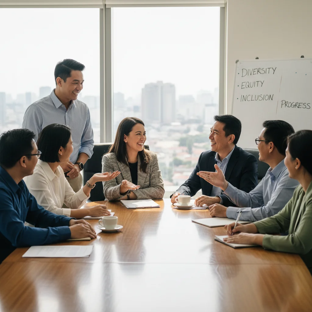 A photorealistic image representing diversity, equity, and inclusion in the Philippines, featuring a diverse group of adults from various ethnic backgrounds in a professional setting, such as a modern office or community meeting, smiling and collaborating, with subtle Philippine cultural elements like traditional patterns in the background, symbolizing unity and equality among adults only.
