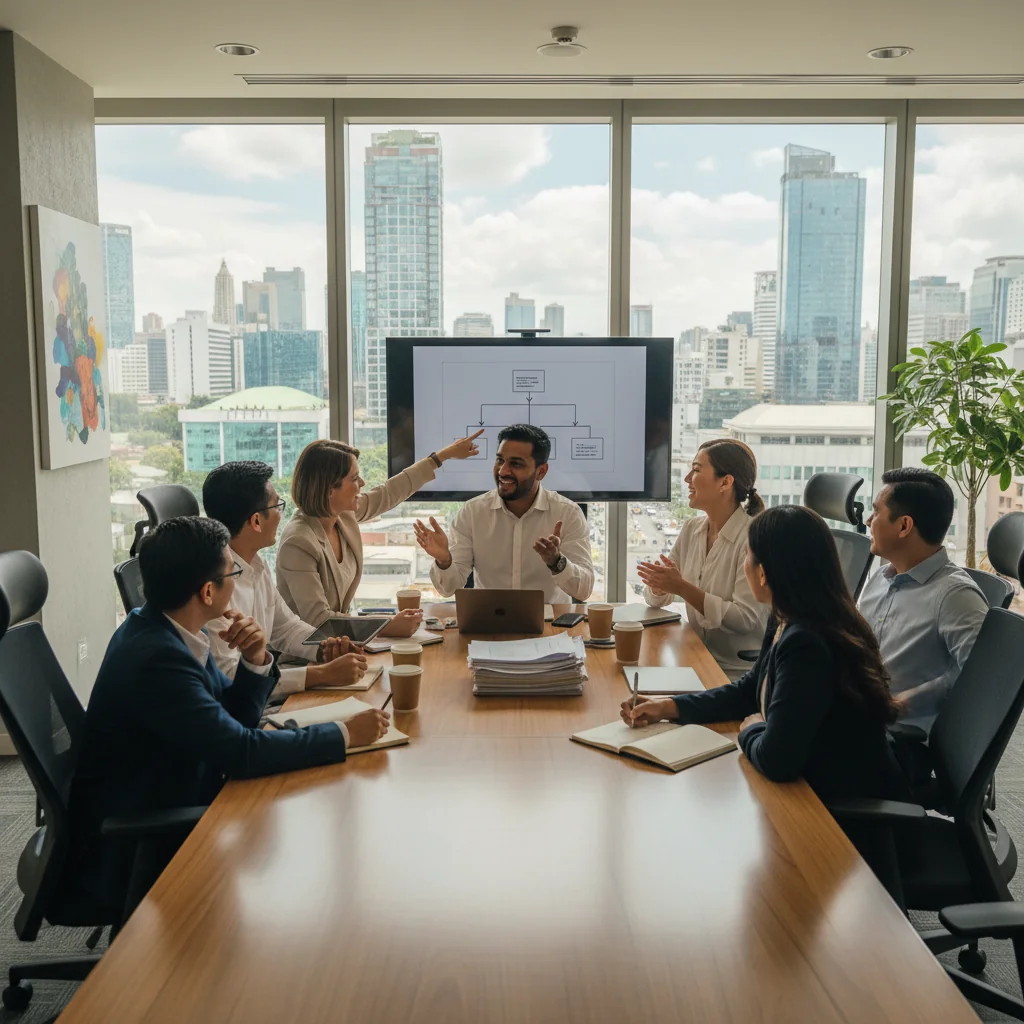 A photorealistic image depicting a diverse group of professional adults in a modern Philippine business office, collaborating inclusively on a project, symbolizing the positive impact of DEI policies on businesses and society, with elements like a bustling Manila skyline in the background, no children present.