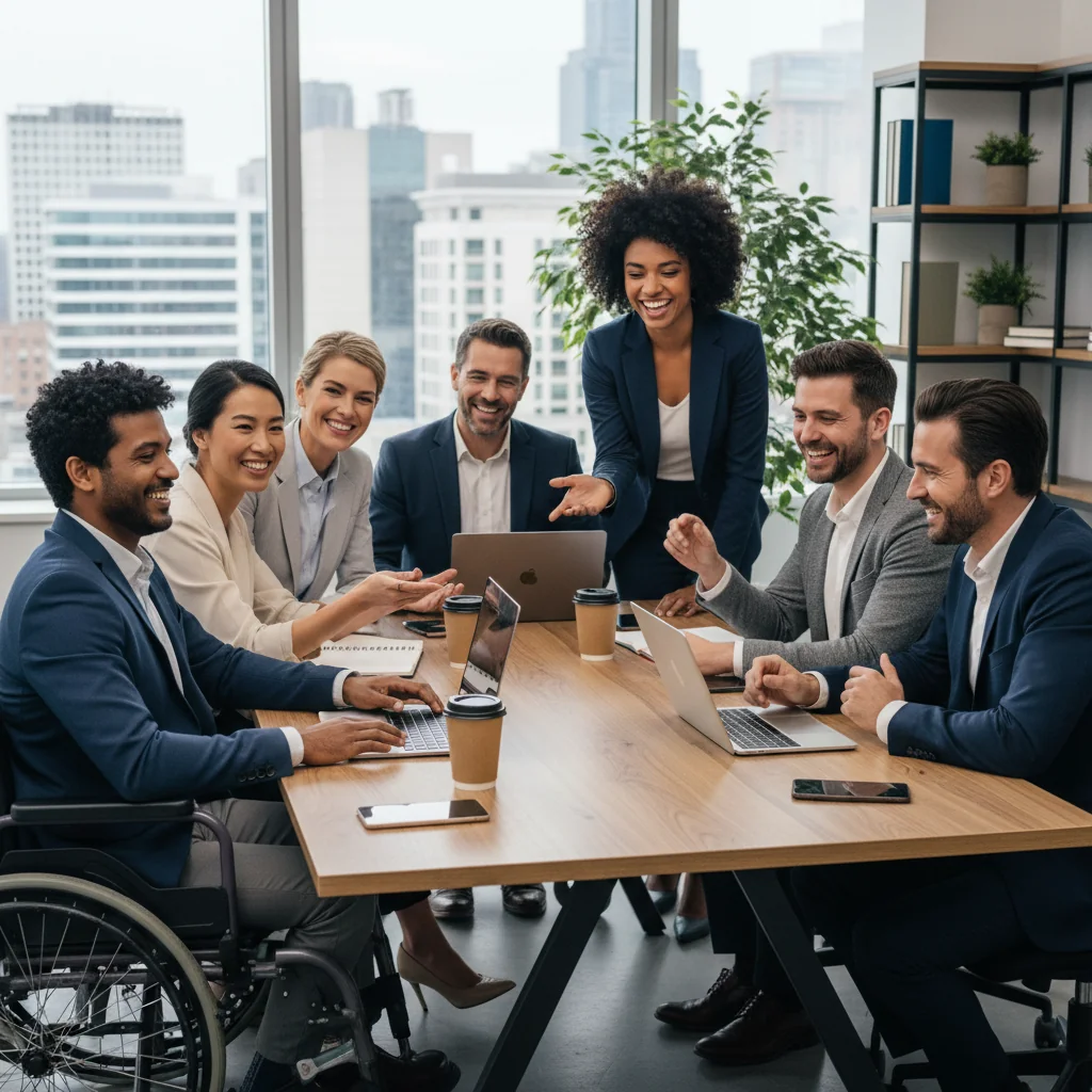A photorealistic hero image representing diversity, equity, and inclusion in a UK workplace setting. It shows a diverse group of adult professionals from various ethnic backgrounds, genders, and abilities collaborating happily in a modern office environment, symbolizing unity and equal opportunities.