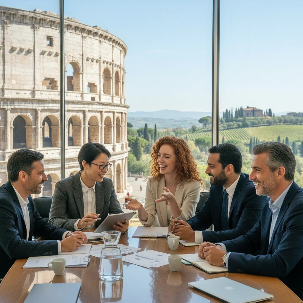 A photorealistic image depicting a diverse group of adult professionals in a modern Italian office setting, symbolizing diversity, equity, and inclusion. The group includes people of different ethnic backgrounds, genders, and ages (all adults over 18), collaborating happily around a table, with Italian landmarks subtly visible in the background through a window.