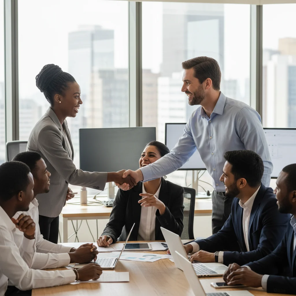 A photorealistic image depicting a diverse group of adult professionals in a modern South African workplace, symbolizing employment equity through inclusion and fairness. The scene shows people of various races, genders, and ages collaborating happily around a conference table, with elements like the South African flag subtly in the background, emphasizing unity and compliance benefits.