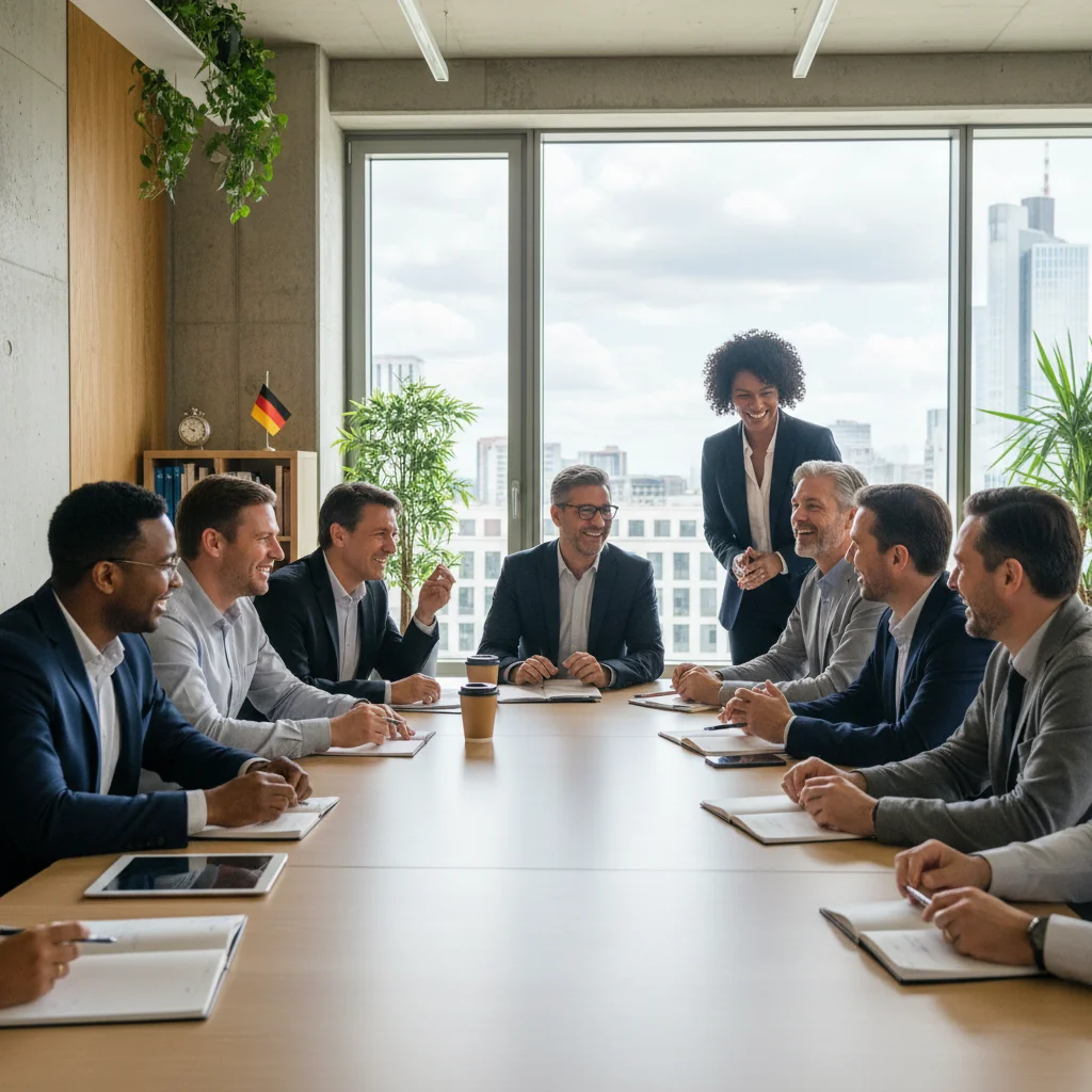 A photorealistic image depicting diversity in a German workplace, showing a diverse group of adults from various ethnic backgrounds, genders, and ages collaborating in a modern office setting in Germany, symbolizing the implementation of diversity guidelines.
