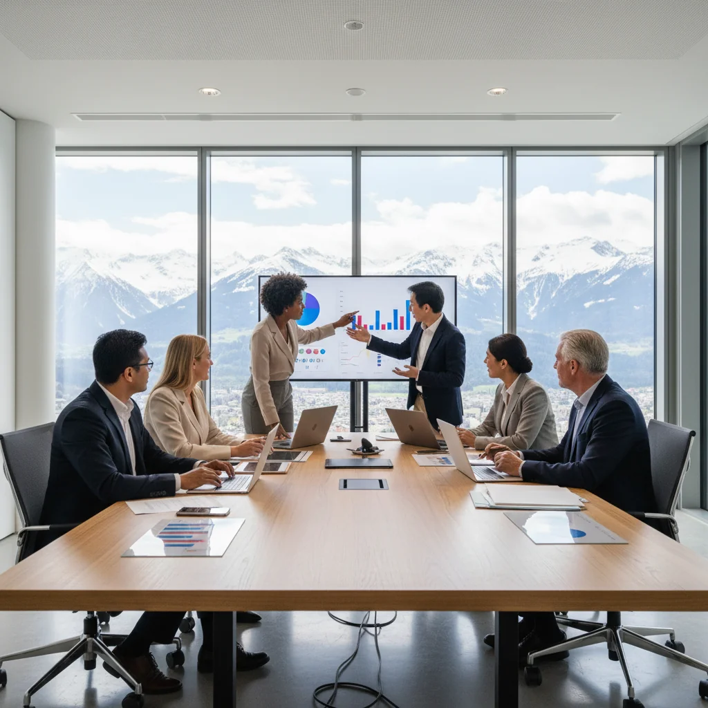 A photorealistic image depicting a diverse group of professional adults from various ethnic backgrounds collaborating in a modern Swiss office environment, symbolizing the benefits of diversity in Swiss companies. The scene shows inclusive teamwork with people of different ages and genders working together harmoniously on a project, overlooking the Swiss Alps through large windows to tie into the Swiss context.