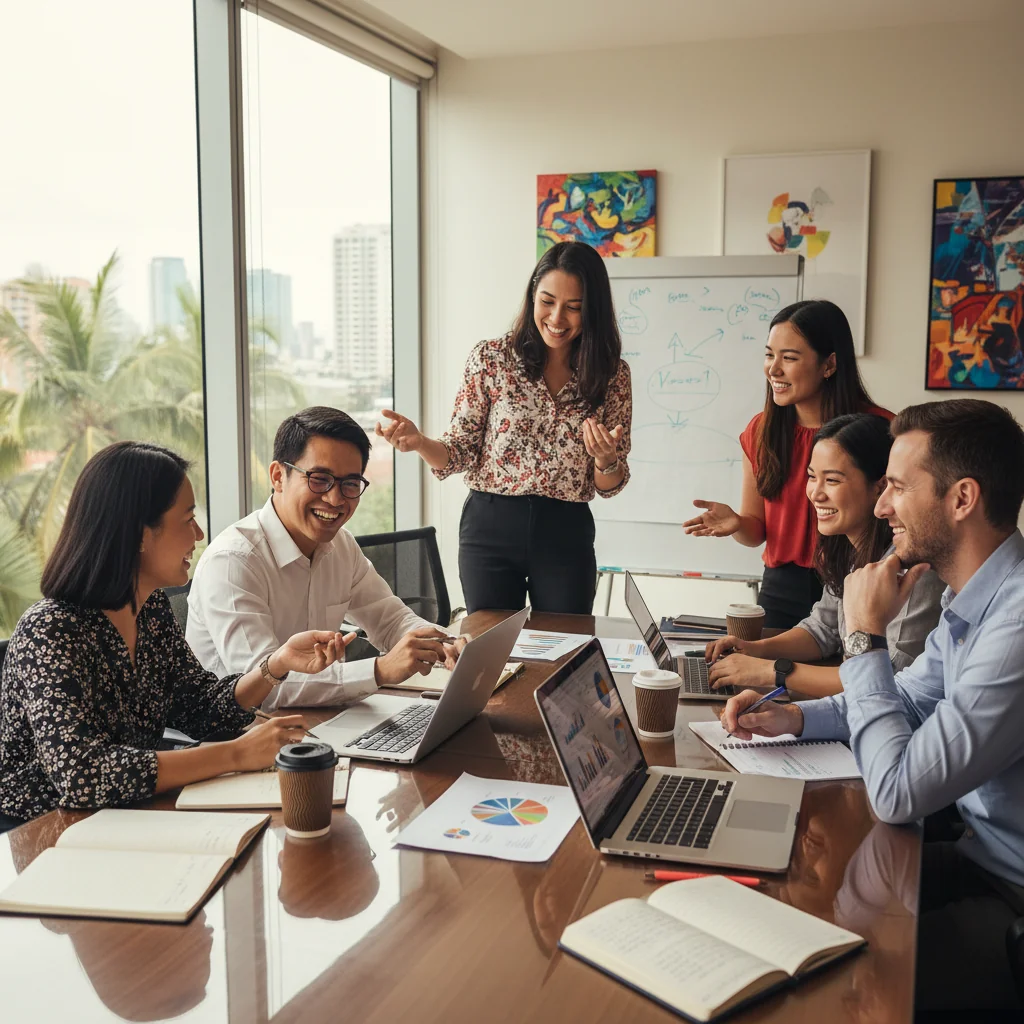 A photorealistic image depicting a diverse group of adult professionals in a modern Philippine workplace, engaged in a collaborative meeting around a conference table. They represent various ethnicities, genders, and ages (all adults over 18), smiling and discussing ideas, symbolizing inclusion and equality in implementing DEI policies. The setting includes subtle Philippine elements like a window view of a cityscape with tropical plants.