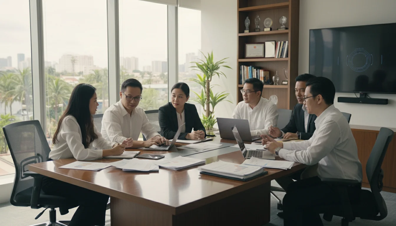 Diverse team in Philippine office meeting