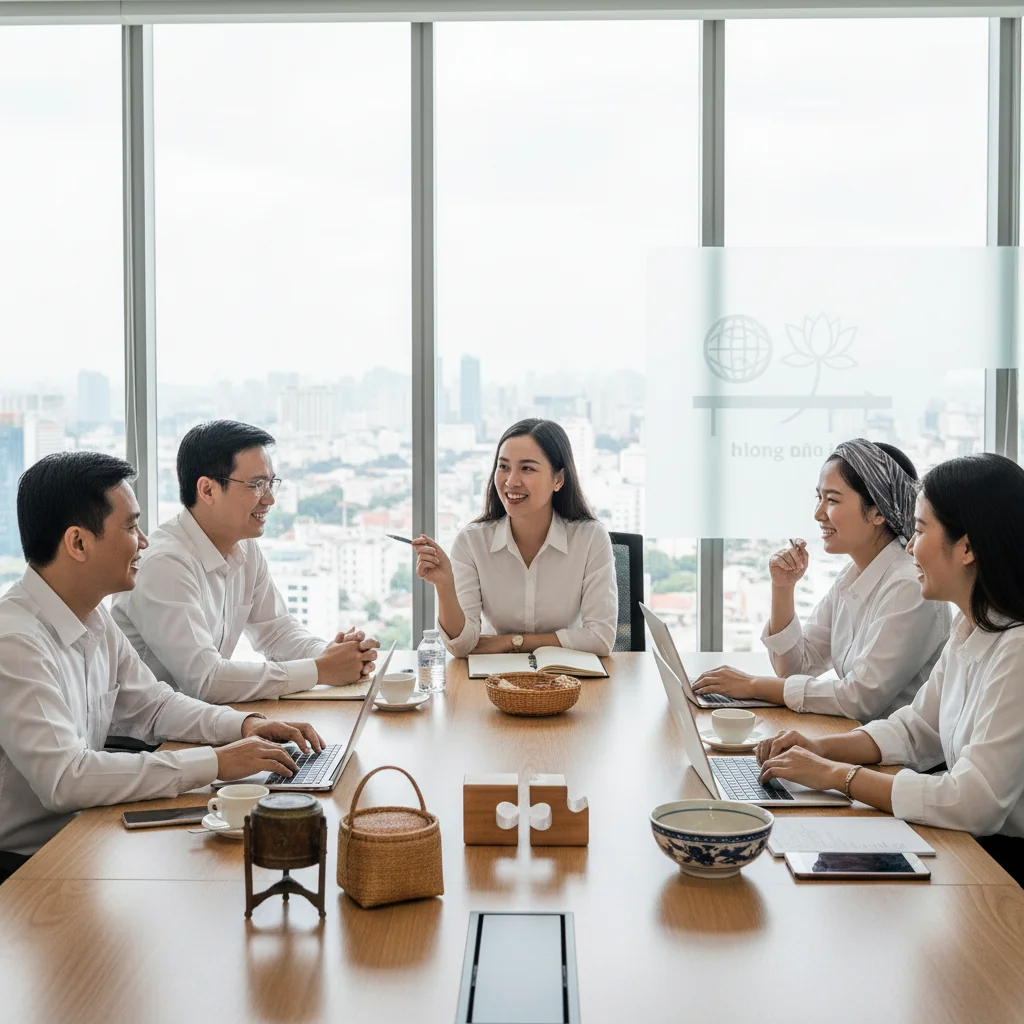 A photorealistic image depicting a diverse group of adult professionals in a modern Vietnamese workplace, collaborating inclusively around a conference table, symbolizing diversity, equity, and inclusion (DE&I) challenges and solutions.