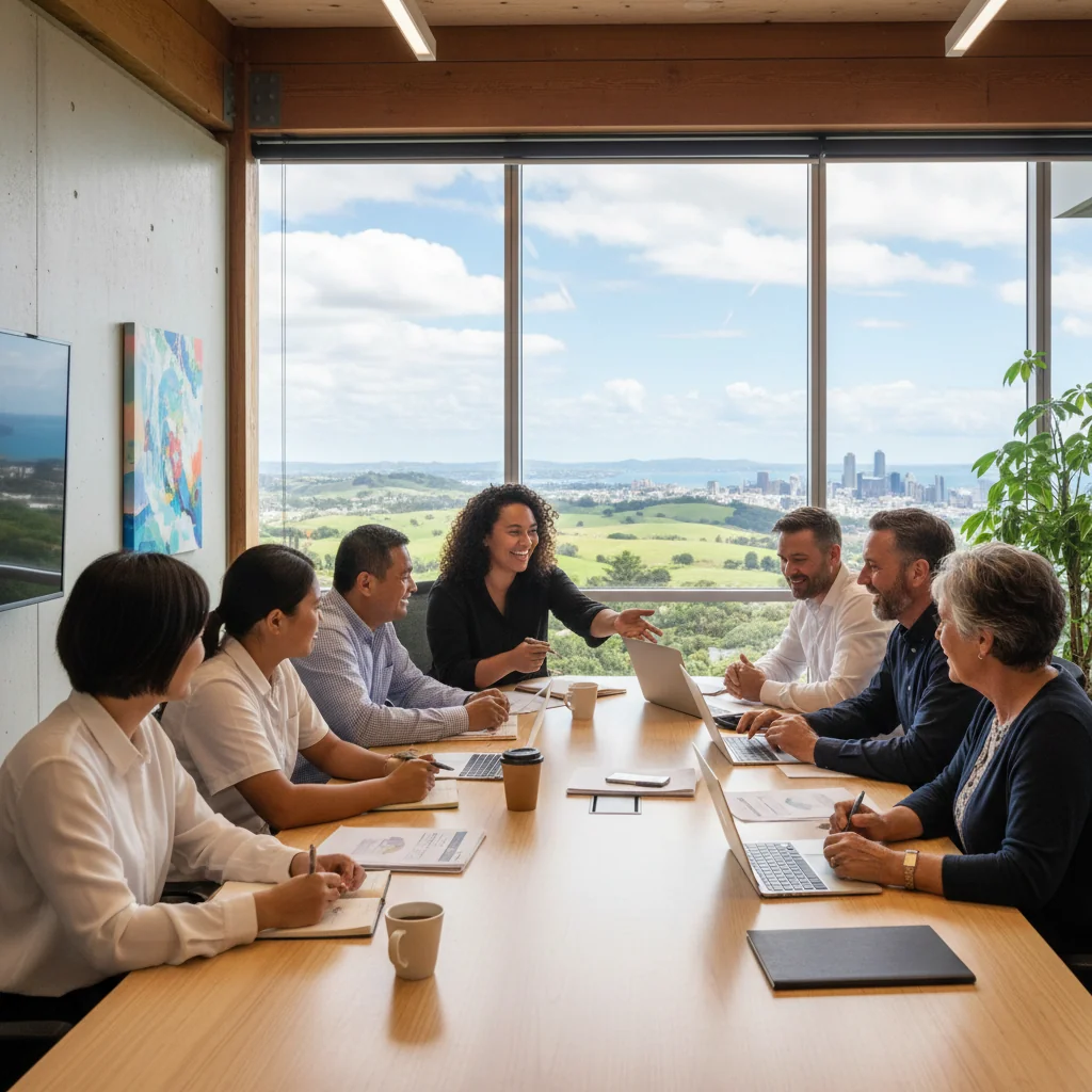 A photorealistic image depicting a diverse group of adult professionals from various ethnic backgrounds collaborating in a modern New Zealand office setting, symbolizing inclusion and positive societal impact, with natural lighting and realistic details.