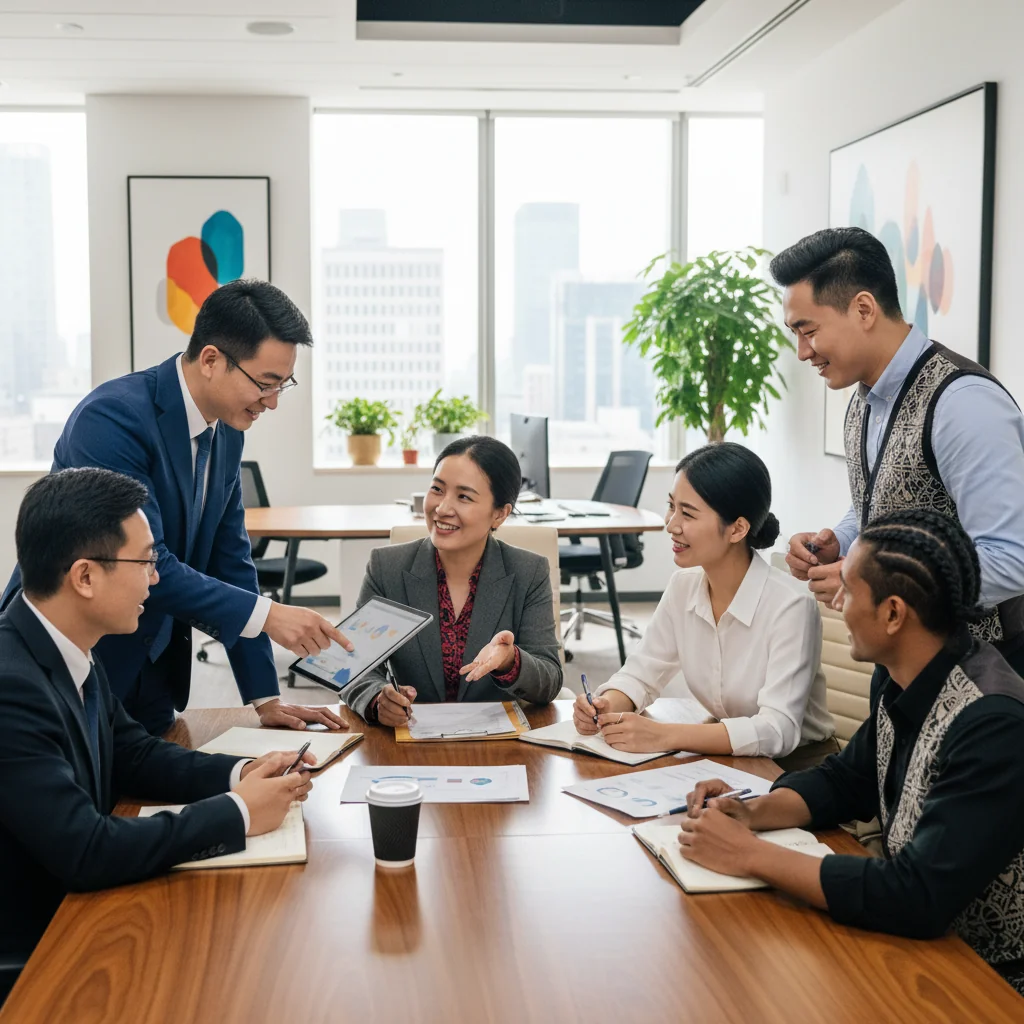 A photorealistic image depicting diversity, equity, and inclusion in a Chinese corporate workplace, showing a diverse group of adult professionals from various ethnic backgrounds in China collaborating in a modern office setting, symbolizing fair and inclusive human resource management.