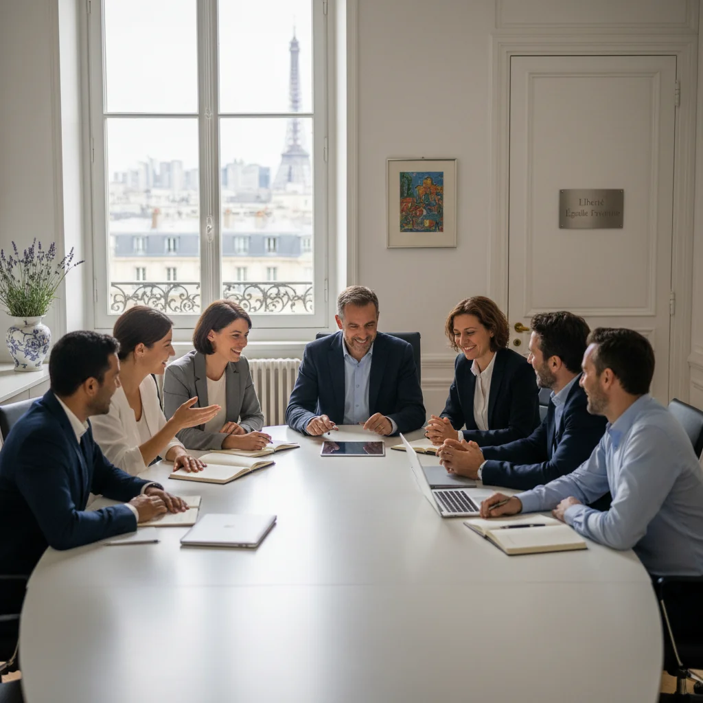 A photorealistic image depicting a diverse group of adults in a professional French setting, symbolizing diversity, equity, and inclusion. The scene shows people of different ethnic backgrounds, genders, and ages collaborating in a modern office or public space in France, with subtle French elements like the Eiffel Tower in the background, conveying unity and equality.
