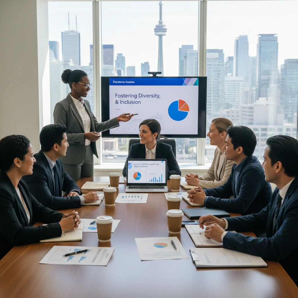 A photorealistic image of a diverse group of adult professionals in a modern Canadian office setting, engaging in a collaborative meeting to discuss DEI initiatives. They represent various ethnicities, genders, and ages (all adults over 18), smiling and interacting positively, symbolizing inclusion and equity in the workplace.