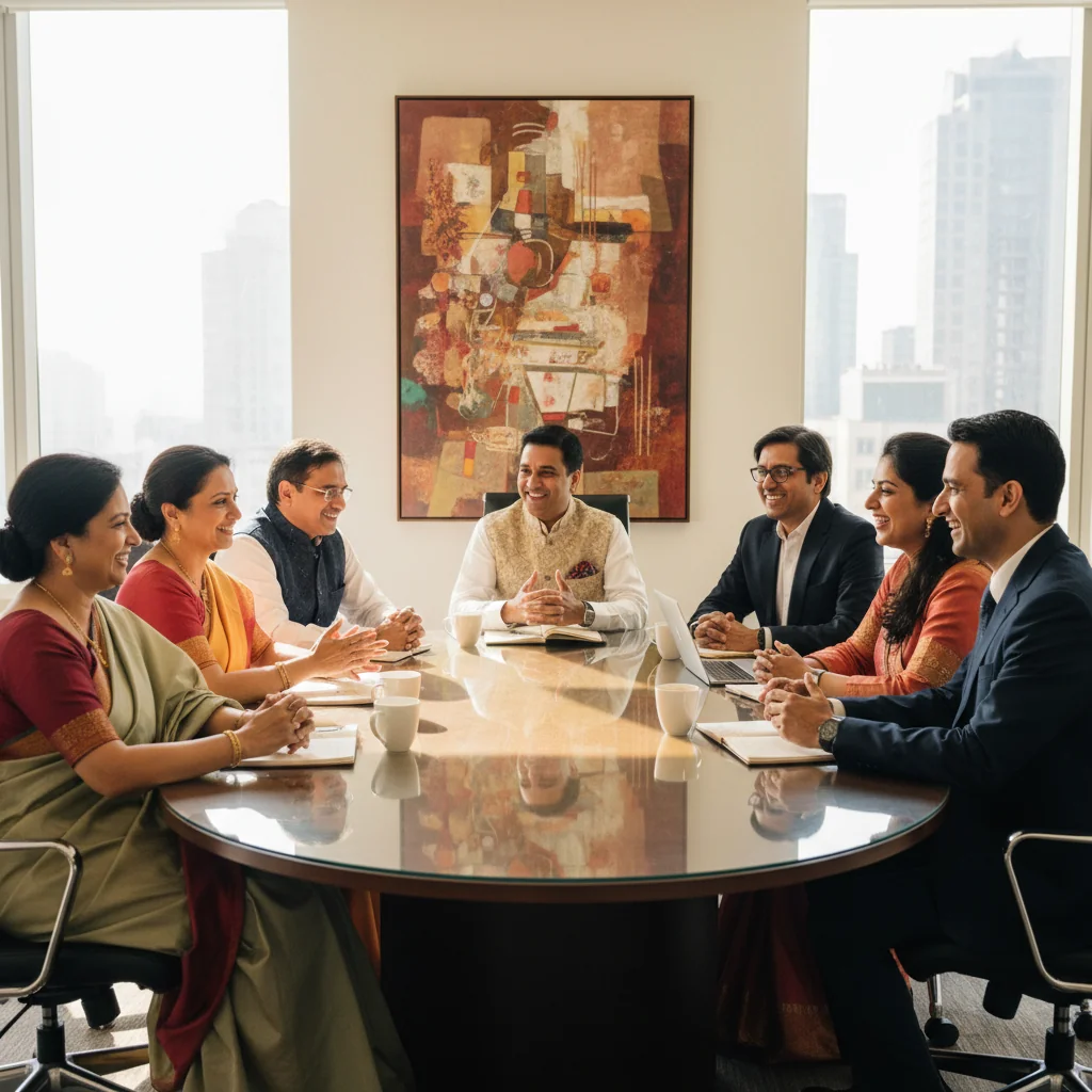 A photorealistic image representing the importance and implementation of diversity policy in India, featuring a diverse group of adults from various Indian ethnic backgrounds, genders, and ages, collaborating in a professional meeting room, symbolizing unity and inclusion.