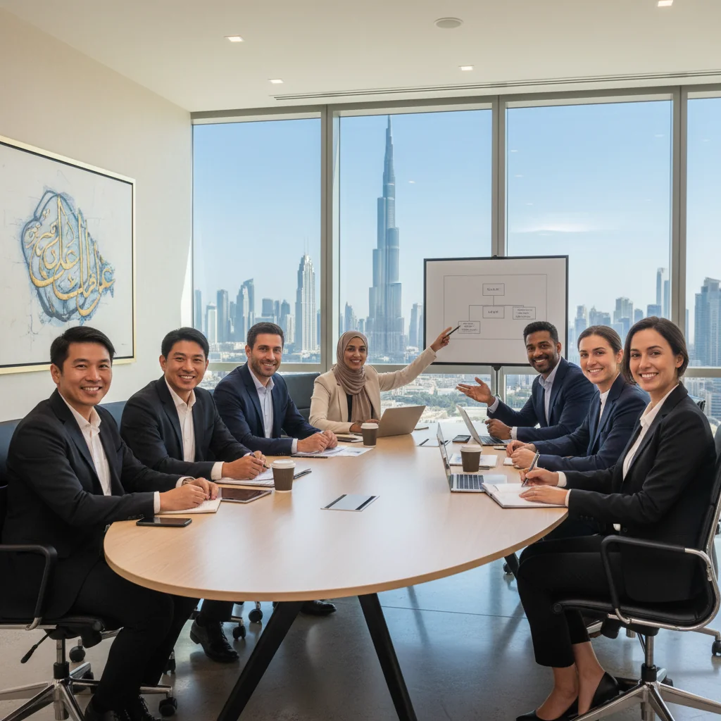 A photorealistic image depicting a diverse group of adult professionals from various ethnic backgrounds collaborating in a modern UAE corporate office, symbolizing diversity, equity, and inclusion policies. The scene shows inclusive teamwork with people of different genders, ages (all adults over 18), and cultures engaging positively, with elements of Emirati culture in the background like subtle UAE skyline or traditional motifs, but no focus on documents. No children are present.