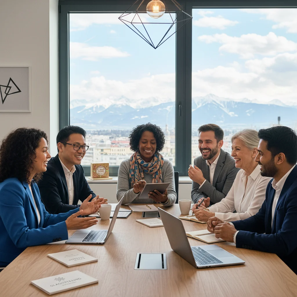 A photorealistic image representing diversity, equality, and inclusion in an Austrian corporate setting, showing a diverse group of adults from various ethnic backgrounds, genders, and ages collaborating in a modern office environment in Vienna, Austria, with subtle Austrian elements like alpine views in the background.