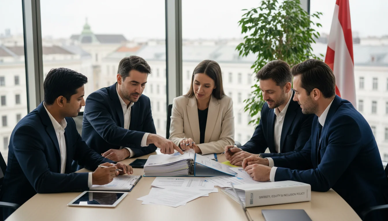 Diverse professionals reviewing corporate policy.