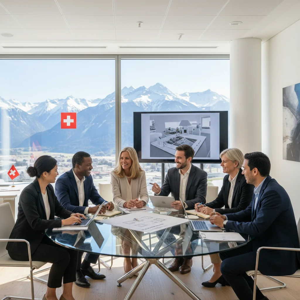 A photorealistic image representing diversity, equality, and inclusion in a Swiss corporate setting, showing a diverse group of adults from various ethnic backgrounds, genders, and ages collaborating happily in a modern office environment with Swiss Alps visible through the window, symbolizing inclusive workplace policies.