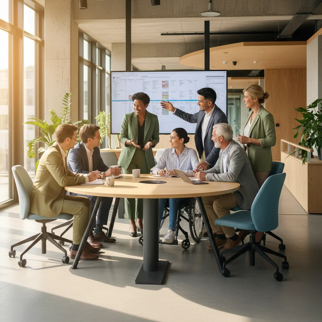 A photorealistic image of a diverse group of professional adults from various ethnic backgrounds collaborating in a modern German corporate office, symbolizing diversity, equal opportunities, and inclusion in the workplace. The scene includes men and women of different ages and abilities working together on a project, with inclusive elements like wheelchair accessibility, to represent the purpose of corporate policies on Vielfalt, Chancengleichheit, and Inklusion.