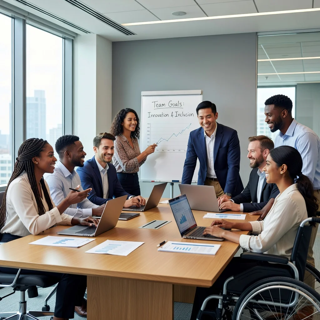 A photorealistic image representing diversity, equity, and inclusion in a corporate setting in the United States, featuring a diverse group of adult professionals from various ethnic backgrounds, genders, and abilities collaborating happily in a modern office environment, symbolizing unity and equal opportunity.