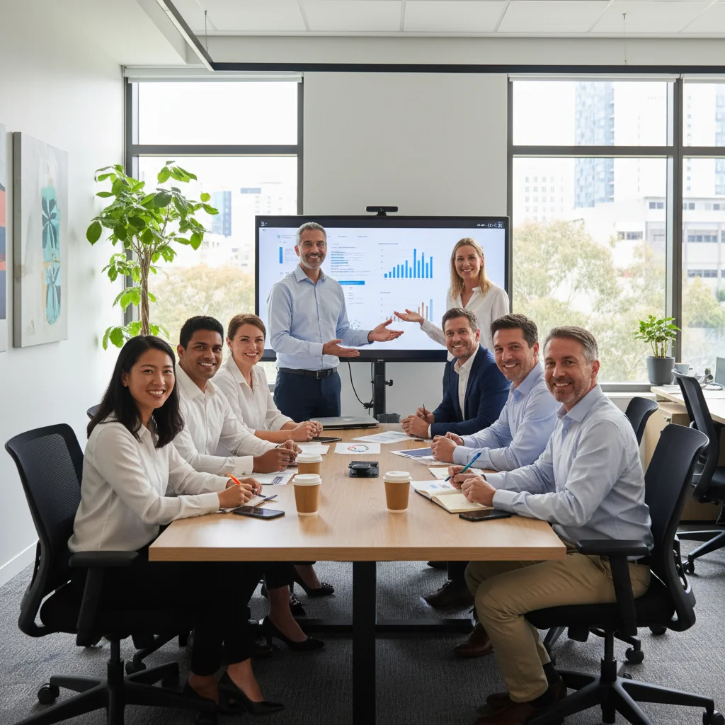 A photorealistic image representing diversity and inclusion in an Australian corporate workplace, showing a group of diverse adult professionals from various ethnic backgrounds collaborating happily in a modern office setting, symbolizing unity and equality.