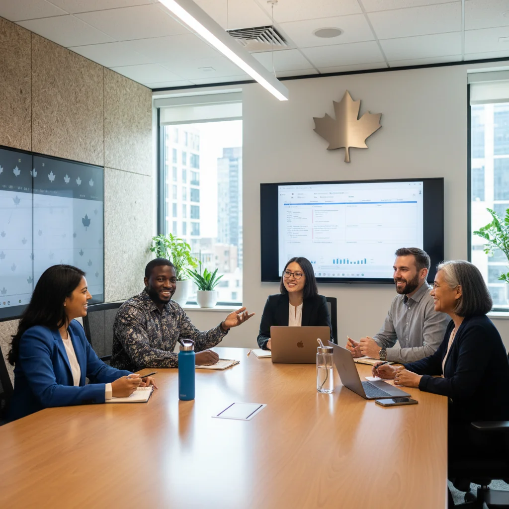 A photorealistic image depicting a diverse group of professional adults from various ethnic backgrounds collaborating inclusively in a modern Canadian corporate office setting, symbolizing diversity, equity, and inclusion.