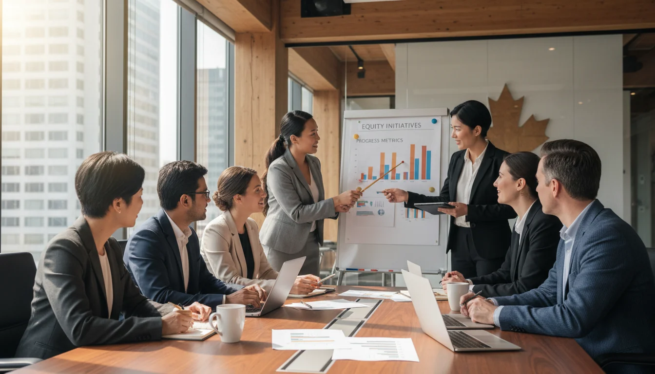 Inclusive team discussing equity initiatives in meeting