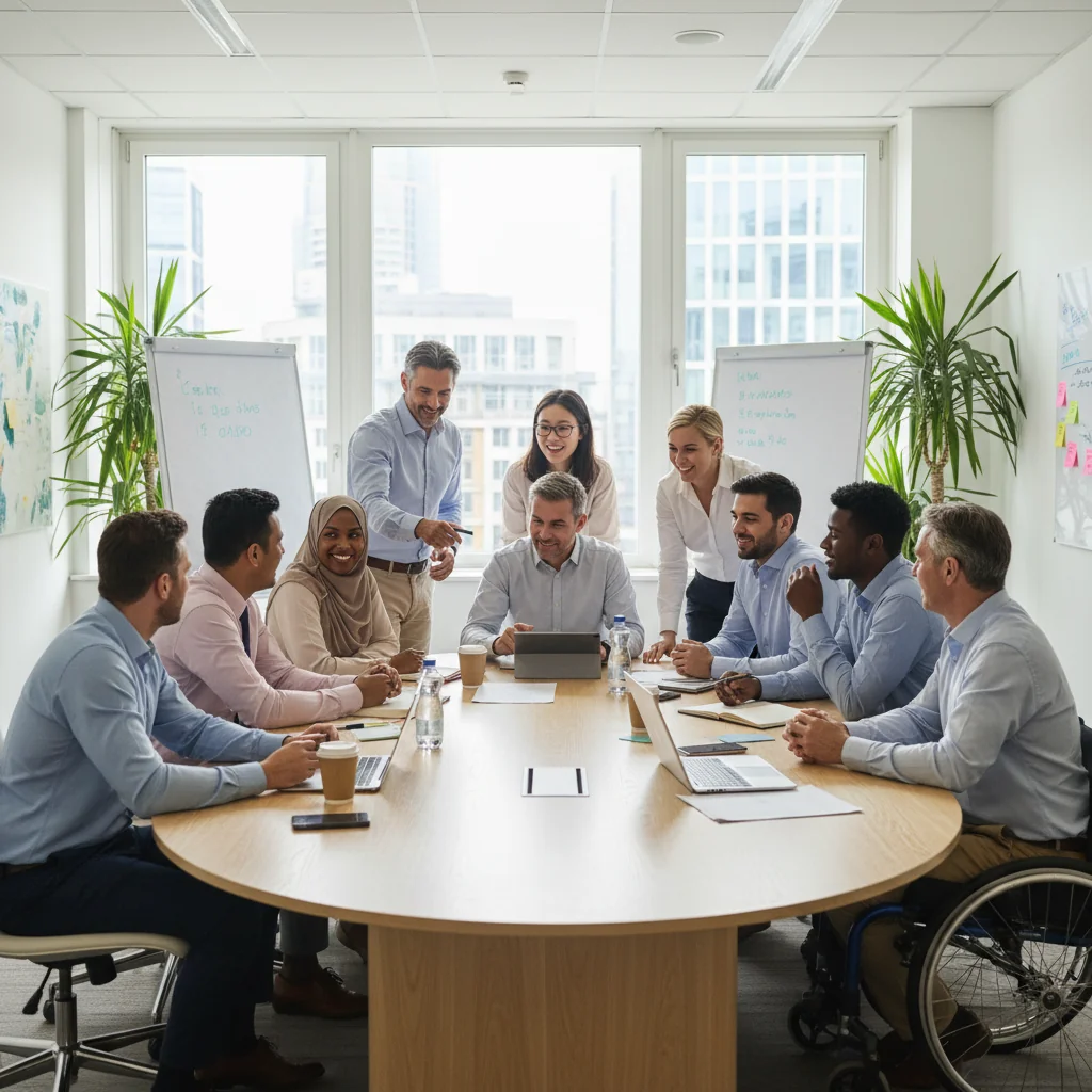 A photorealistic image representing diversity, equity, and inclusion in a UK corporate setting, showing a diverse group of adults from various ethnic backgrounds, genders, and abilities collaborating happily in a modern office environment, symbolizing unity and equal opportunity.