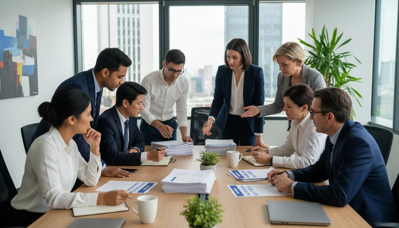 Diverse professionals reviewing DEI policy documents