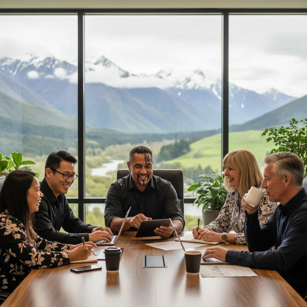 A photorealistic image representing diversity and inclusion in a New Zealand corporate setting, showing a group of diverse professionals from various ethnic backgrounds, ages, and genders collaborating happily in a modern office environment with subtle New Zealand elements like a view of green hills or Maori cultural motifs in the background, emphasizing unity and equality without focusing on any documents.