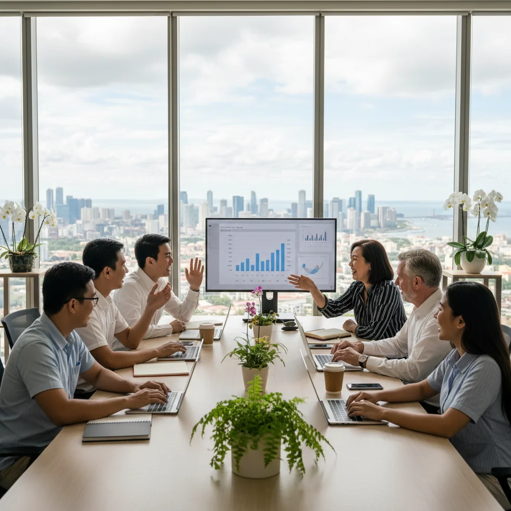A photorealistic image of a diverse group of professionals in a modern Philippine corporate office, symbolizing diversity, equity, and inclusion. The group includes men and women of various ethnic backgrounds, such as Filipino, Asian, and Caucasian, engaged in a collaborative meeting around a conference table, smiling and discussing ideas, with Philippine cultural elements like a flag or local artwork in the background. No children are present.