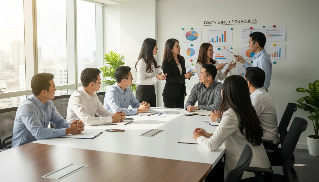 Filipino business team discussing equity policies