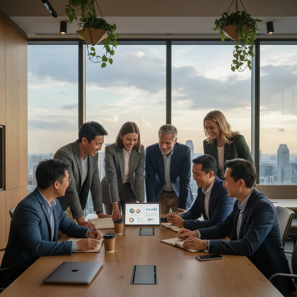 A photorealistic image depicting a diverse group of professional adults from various ethnic backgrounds collaborating in a modern Singapore office environment, symbolizing diversity, equity, and inclusion in corporate settings. The scene shows inclusive teamwork with people of different races, genders, and abilities engaging positively, with subtle Singaporean elements like city skyline in the background. No children are present.