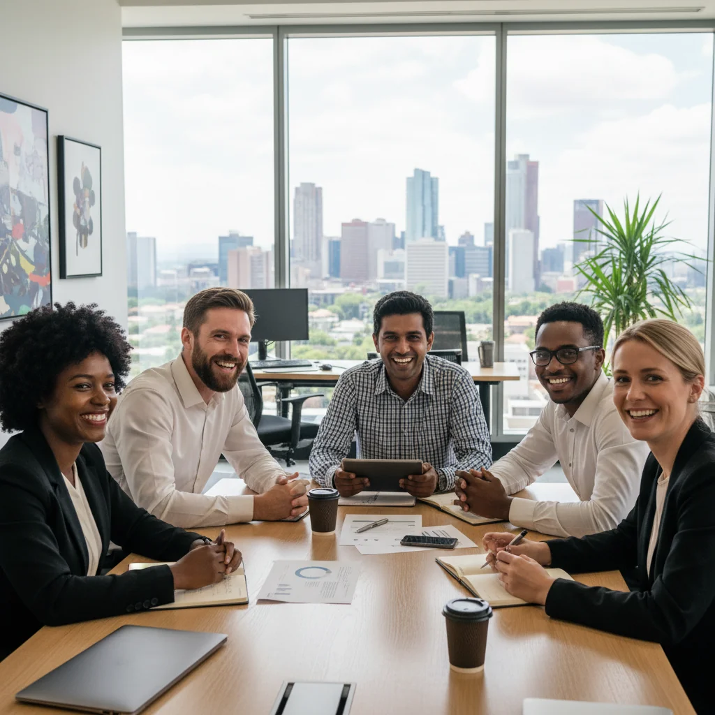 A photorealistic image of a diverse group of adult professionals in a modern South African corporate office, symbolizing employment equity and inclusion. They are engaged in a collaborative meeting around a conference table, with South African cultural elements like subtle flag colors in the background, representing fairness and equal opportunity in the workplace.