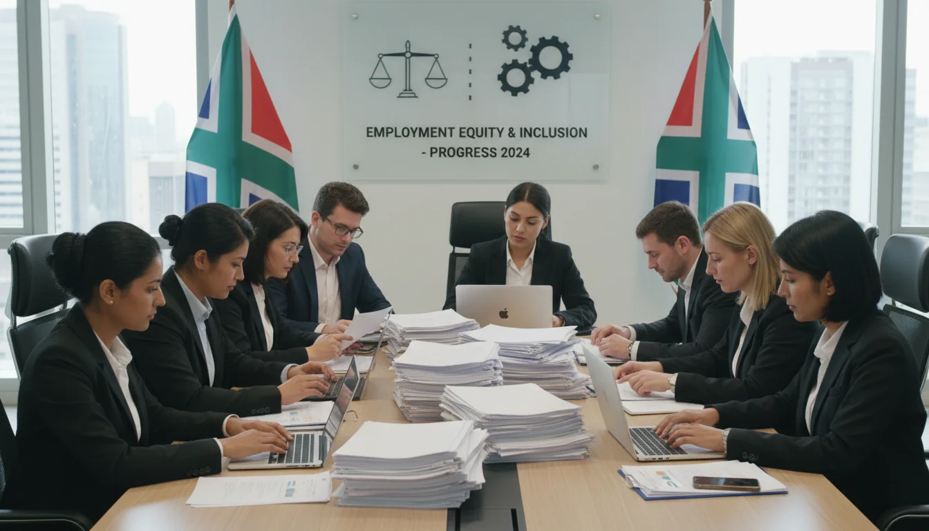 Diverse professionals reviewing equity documents