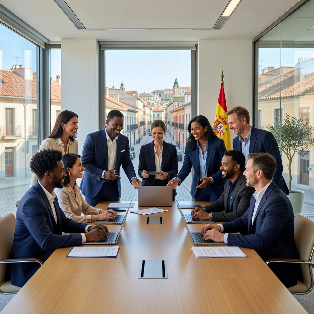 A photorealistic image representing diversity, equity, and inclusion in a Spanish corporate setting, showing a diverse group of professional adults from various ethnic backgrounds collaborating happily in a modern office environment in Spain, with subtle Spanish elements like a flag or architecture in the background, no children present.