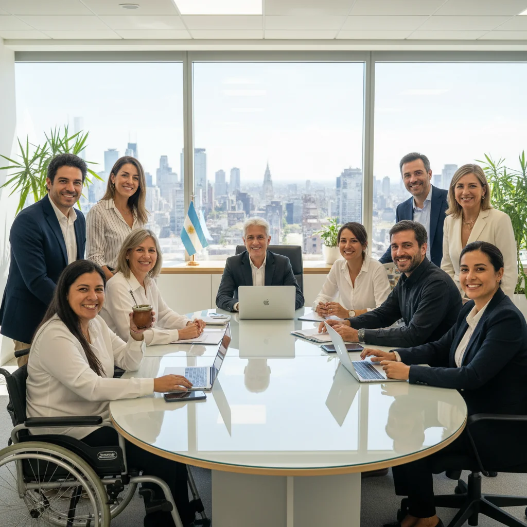 A photorealistic image representing diversity, equity, and inclusion in a corporate setting in Argentina. Diverse group of adult professionals from various ethnic backgrounds, genders, and abilities collaborating in a modern Buenos Aires office, smiling and engaged in discussion around a conference table with Argentine flags or subtle national elements in the background.