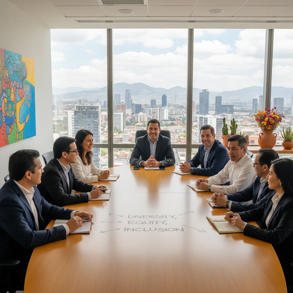 A photorealistic image depicting a diverse group of professional adults in a modern Mexican corporate office, engaging in a collaborative meeting to discuss diversity, equity, and inclusion policies. The scene shows people of various ethnic backgrounds, genders, and ages (all adults over 18), smiling and interacting positively, with subtle Mexican cultural elements like colorful decor in the background. No children are present. The focus is on unity and inclusivity in a professional setting.