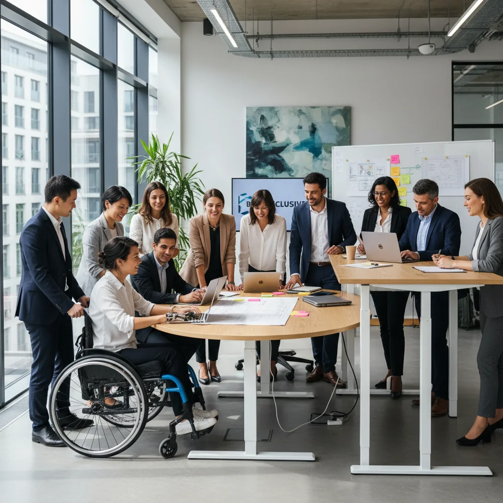 A photorealistic image depicting a diverse group of professional adults in a modern Belgian corporate office, symbolizing diversity, equity, and inclusion. The scene shows people of various ethnicities, genders, and ages (all adults over 18) collaborating around a conference table, smiling and engaged in discussion, with subtle Belgian elements like a flag or Brussels skyline in the background. No children are present. The image is entirely photorealistic, not a graphic, drawing, or illustration.