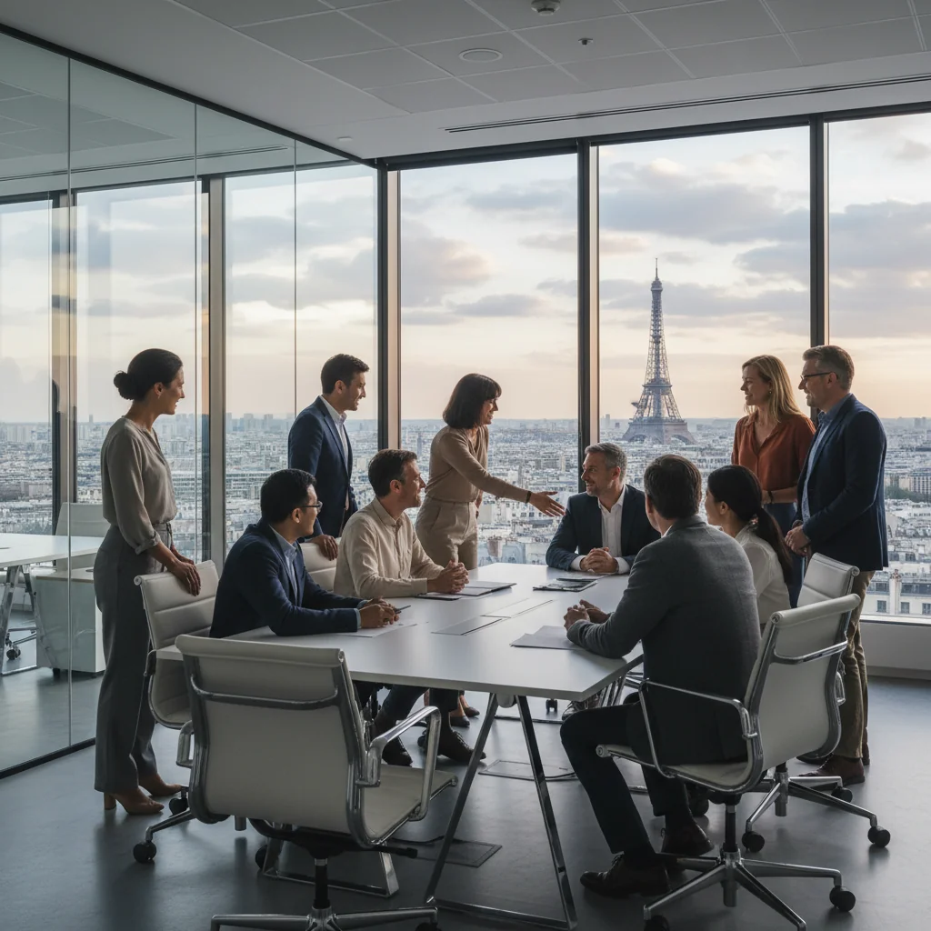 A photorealistic image of a diverse group of professional adults in a modern French corporate office, symbolizing diversity, equity, and inclusion. The scene shows people from various ethnic backgrounds, genders, and ages (all adults over 18), collaborating around a conference table, smiling and engaging positively, with subtle French elements like a flag or Eiffel Tower view in the background. No children are present. The image is entirely photorealistic, not a graphic, drawing, or illustration.