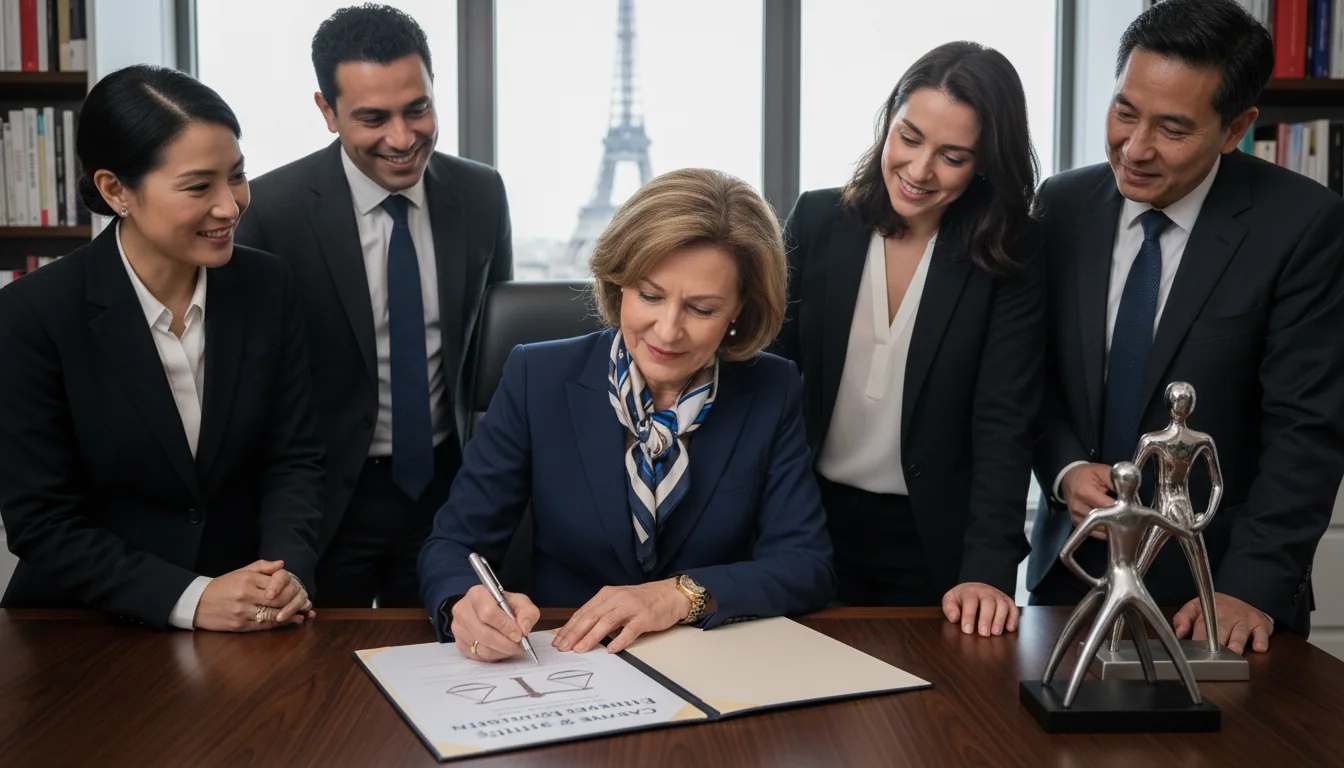 French businesswoman signing DEI document