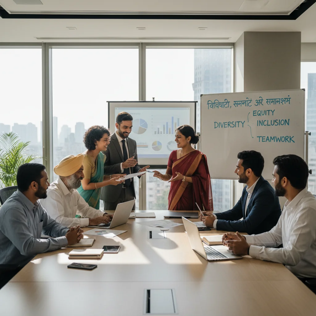 A photorealistic image representing diversity, equity, and inclusion in a corporate setting in India, showing a diverse group of adults from various ethnic backgrounds collaborating in a modern office environment, symbolizing unity and equality without focusing on any documents.