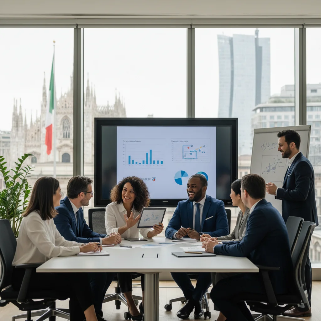 A photorealistic image representing diversity, equity, and inclusion in an Italian corporate setting, featuring a diverse group of adult professionals from various ethnic backgrounds collaborating in a modern office environment in Italy, with subtle Italian elements like architecture in the background, symbolizing unity and equality in the workplace.