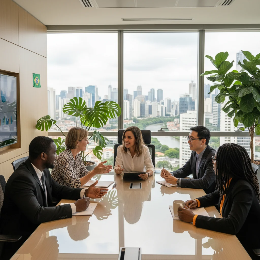 A photorealistic image depicting a diverse group of professional adults in a modern Brazilian corporate office, symbolizing diversity, equity, and inclusion. The group includes people of various ethnic backgrounds, genders, and ages (all adults over 18), engaged in a collaborative meeting, smiling and interacting positively, with Brazilian cultural elements like a flag or tropical plants in the background. No children are present. The image focuses on unity and inclusivity without showing any documents.