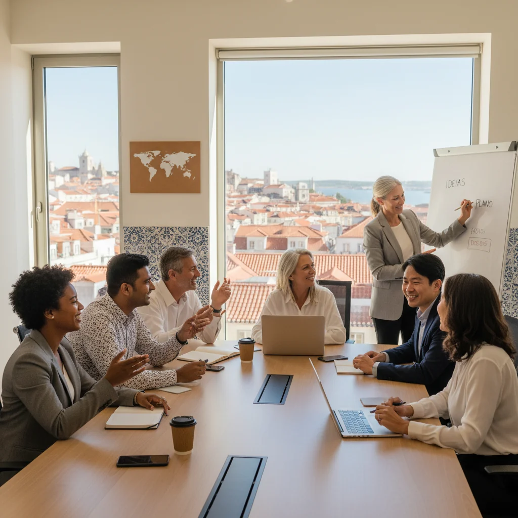 A photorealistic image depicting a diverse group of professional adults in a modern Portuguese corporate office, symbolizing diversity, equity, and inclusion. The scene shows people of various ethnic backgrounds, genders, and ages (all adults over 18) collaborating happily around a conference table, with subtle Portuguese elements like a flag or Lisbon skyline in the background.