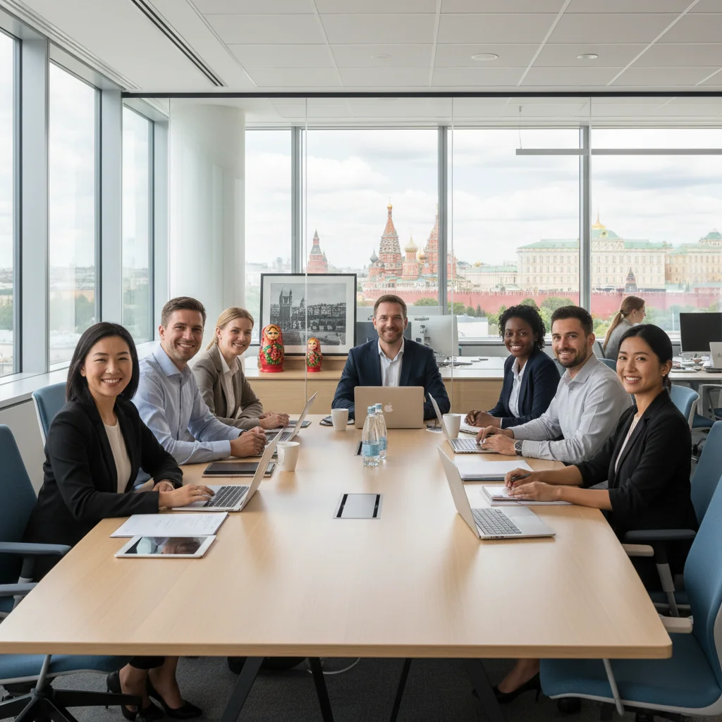 A photorealistic image representing diversity, equality, and inclusion in a Russian corporate setting, featuring a diverse group of adult professionals from various ethnic backgrounds collaborating in a modern office environment in Russia, with elements like the Russian flag or Moscow skyline in the background, symbolizing inclusive policies.