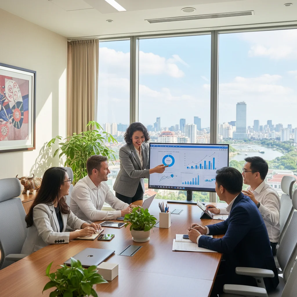A photorealistic image representing diversity, equity, and inclusion in a Vietnamese corporate setting, showing a diverse group of adult professionals from different ethnic backgrounds collaborating happily in a modern office environment in Vietnam, with elements like Hanoi skyline in the background, emphasizing unity and equality without any focus on documents.
