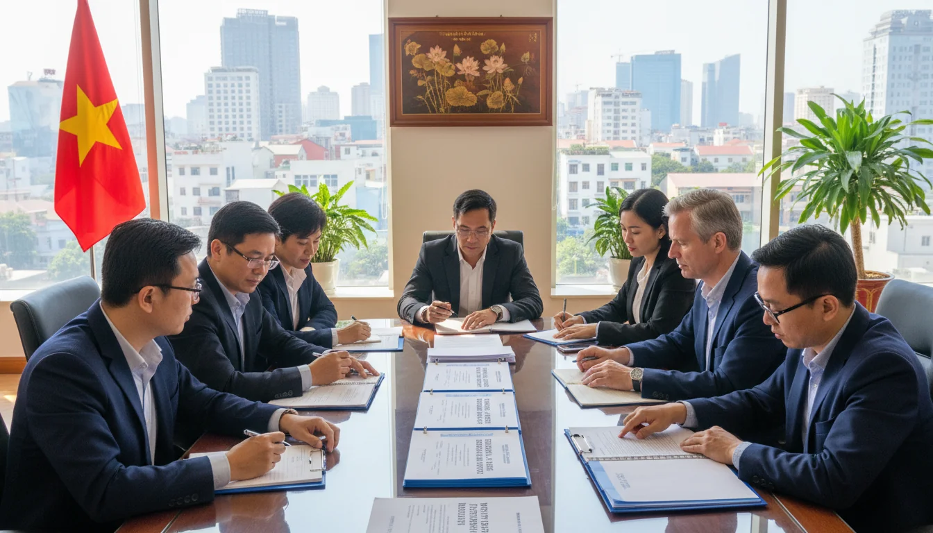 Diverse professionals reviewing corporate policy documents.
